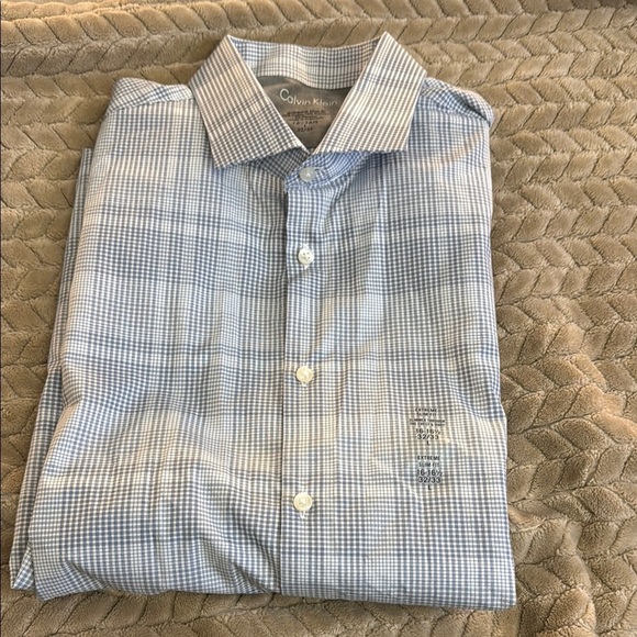 Calvin Klein Men's Blue Checkered Shirt long sleeve 16-16 1/2 32/33 Large NWT - Picture 1 of 10